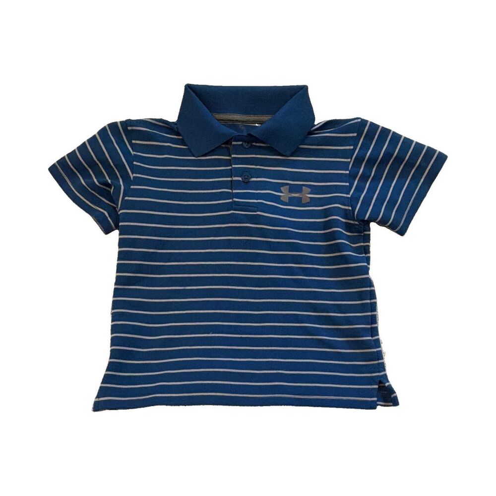 Under Armour HeatGear Boys 4 Blue/Tan Striped Short Sleeve Polo Shirt Logo